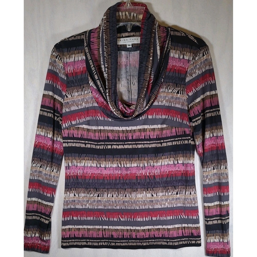 Trina Turk Graphic Stripe 100% Silk Cowl Neck Stretch Top Womens Medium Made USA
